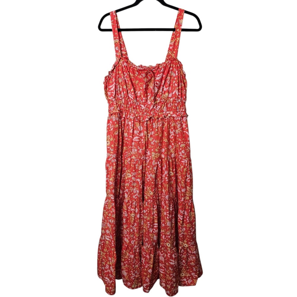 J Crew XL Tiered Maxi Dress Ruffle Trim Pink Floral Print Sunny Blooms Cotton
